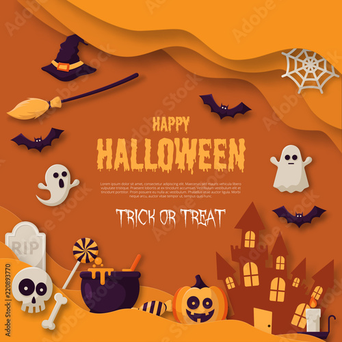 Happy Halloween Background with  pumpkins, ghosts, candy, witch broom, bats, cobwebs, skulls, bones, headstones, witch hats. Paper art style. Vector Illustration