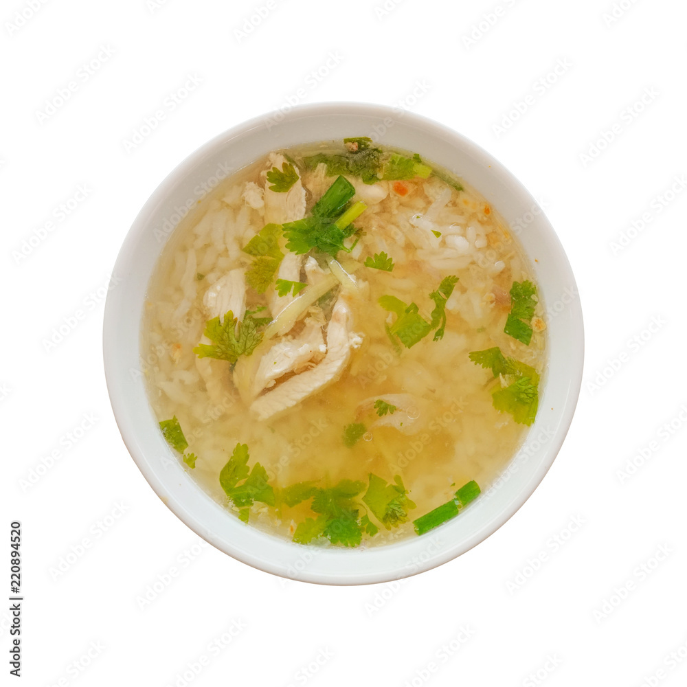homemade boiled rice with chicken in  bowl  on white background included clipping path