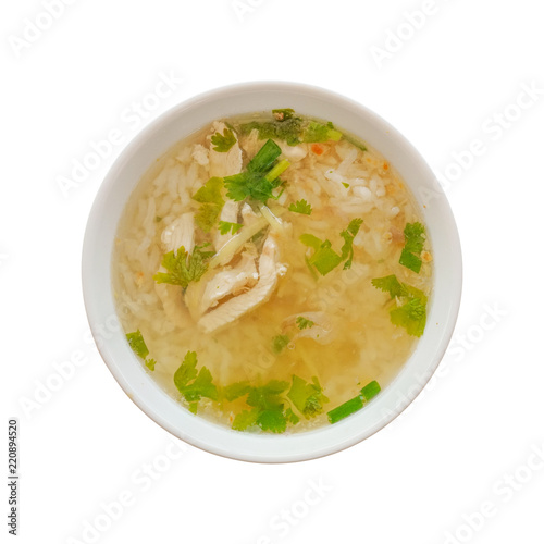 homemade boiled rice with chicken in bowl on white background included clipping path