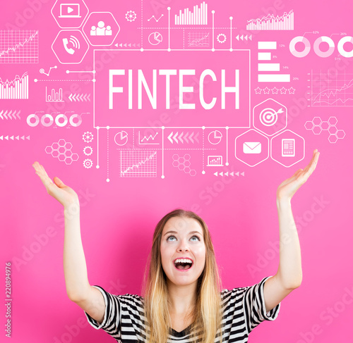 Fintech with young woman reaching and looking upwards