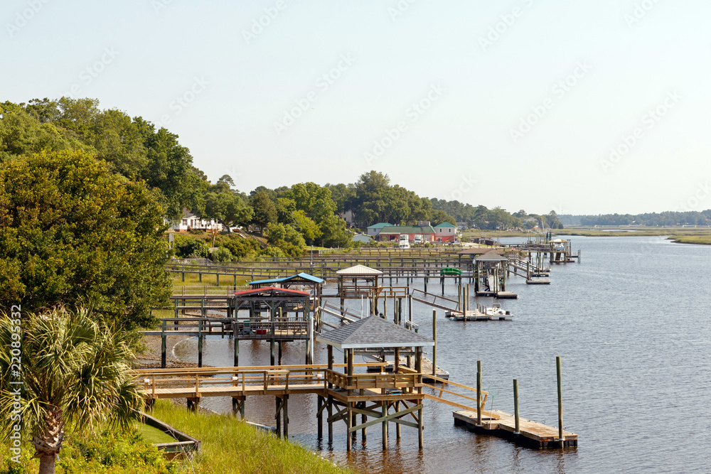 Wooden boat docks on the inter coastal waterway, North Carolina