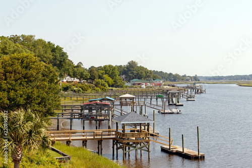 Wooden boat docks on the inter coastal waterway, North Carolina