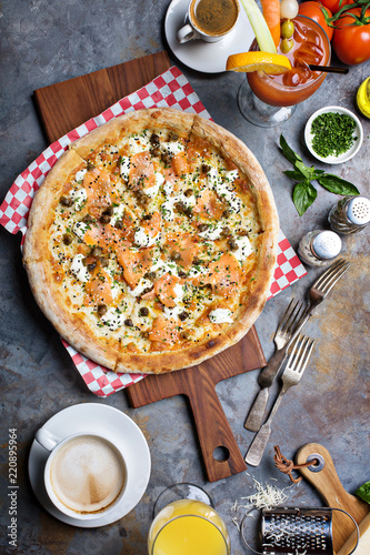 Breakfast pizza with salmon