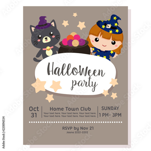 halloween party poster with lovable cat cartoon