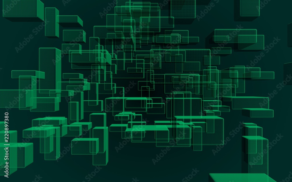 Green and dark abstract digital and technology background. The pattern with repeating rectangles. 3D illustration Green and dark abstract digital and technology background. The pattern with repeating rectangles. 3D illustration