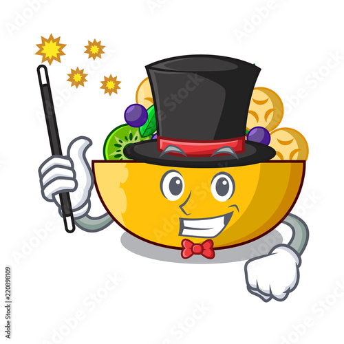 Magician dessert of fruits salad on cartoon