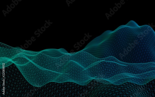 Abstract landscape on a dark background. Cyberspace grid. Hi-tech network. 3D illustration