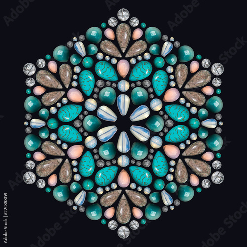 Creative layout of jewelry. The mandala is made of different gemstones on black background.