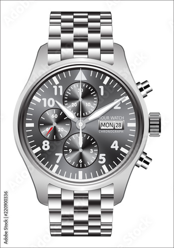 Realistic watch clock chronograph stainless steel on white background vector illustration.