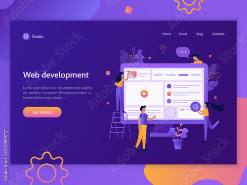 Teamwork project. The creation of a web site. Modern web banner template. Website development. Flat vector illustration.