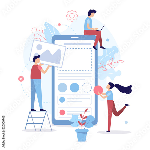 The development team creates a mobile application. Flat vector illustration.