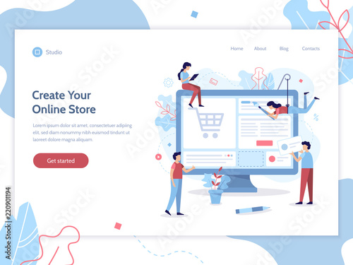 Web banner design template. A team of web developers design an online store. E-commerce project. Website development. Flat vector illustration.