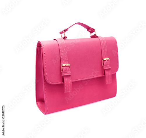 pink leather bag on white background