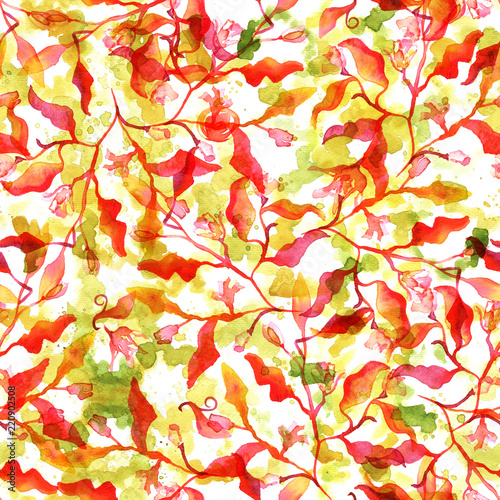 Seamless autumn pattern with abstract branches and leaves and watercolour splashes