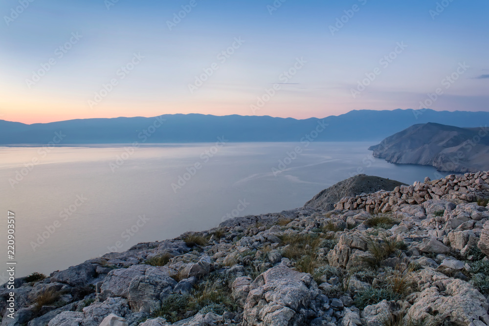 Nice sunrise in mountain and sea, island Krk Croatia