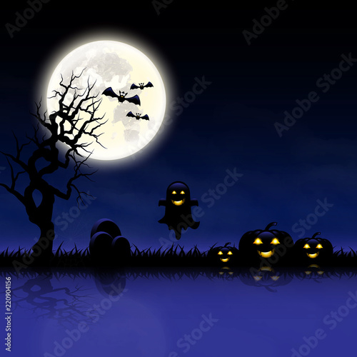Halloween day pumpkins graves and dead tree smoke and moon purple background and space for text vector