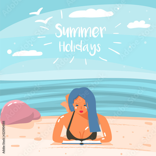 Illustration with a Girl Relaxing on a Beach