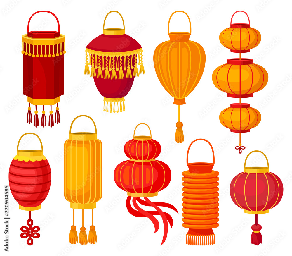 Chinese paper street lantern of different shapes, decorative elements for festive design vector Illustrations on a white background
