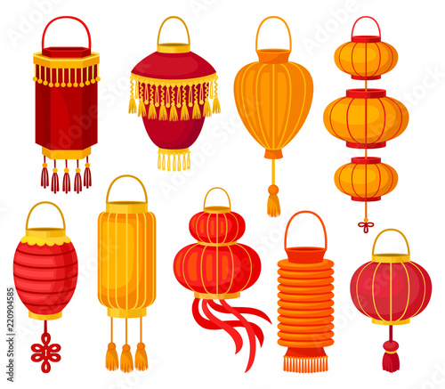 Chinese paper street lantern of different shapes  decorative elements for festive design vector Illustrations on a white background