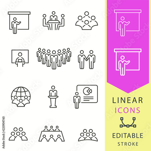 Conference icons set. Black vector illustration. Editable stroke.