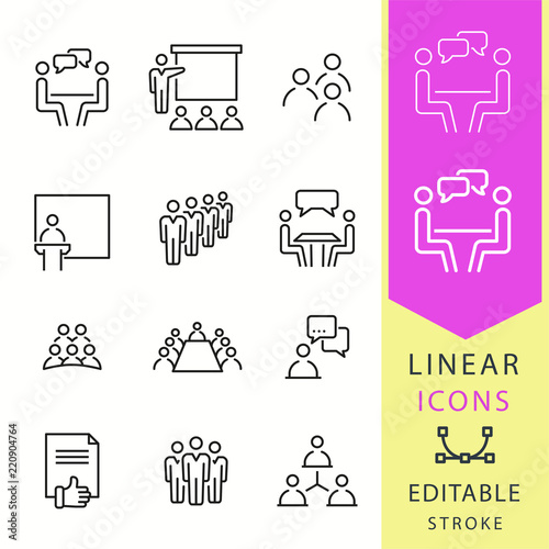 Conference icons set. Black vector illustration. Editable stroke.