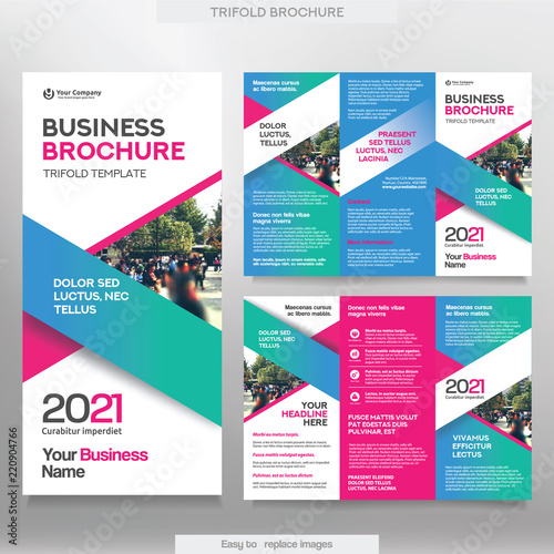 Business Brochure Template in Tri Fold Layout. Corporate Design Leaflet with replacable image.