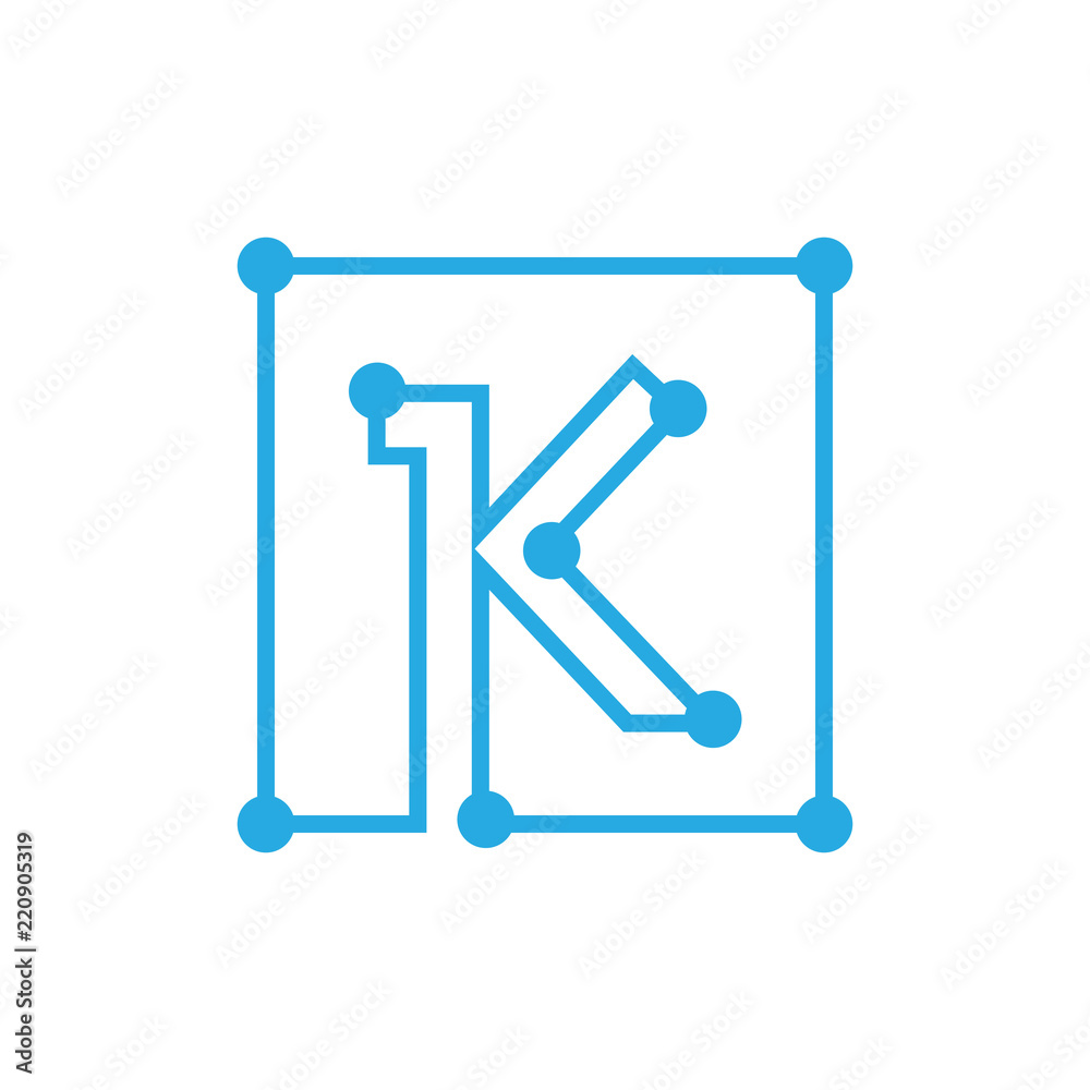 initial letter K blockchain logo square outline stroke
