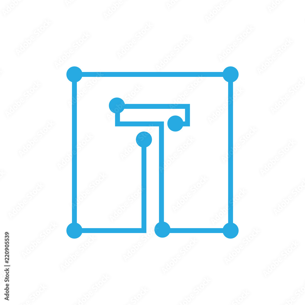 initial letter T blockchain logo square outline stroke