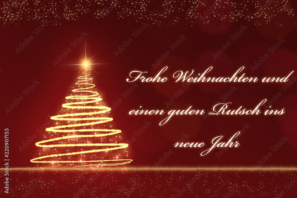 golden sparkling Christmas tree against a red blurred background with golden snowflakes and the text Frohe Weihnachten golden sparkling Christmas tree against a red blurred background with golden snowflakes and the text Frohe Weihnachten