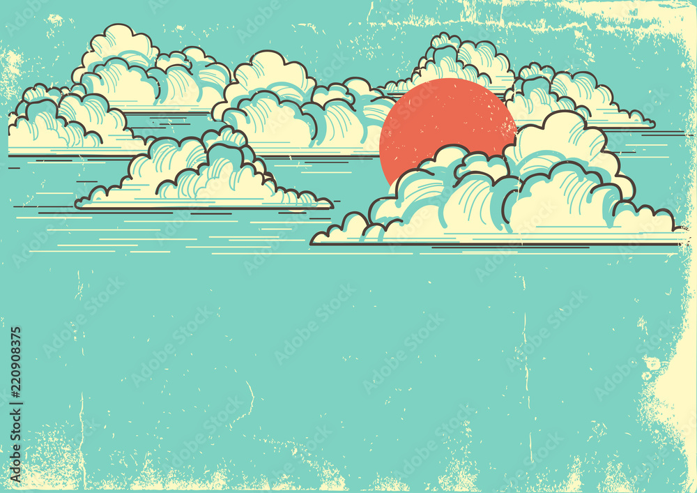 Cloudy blue sky background with red sun.Vector nature illustration on ...