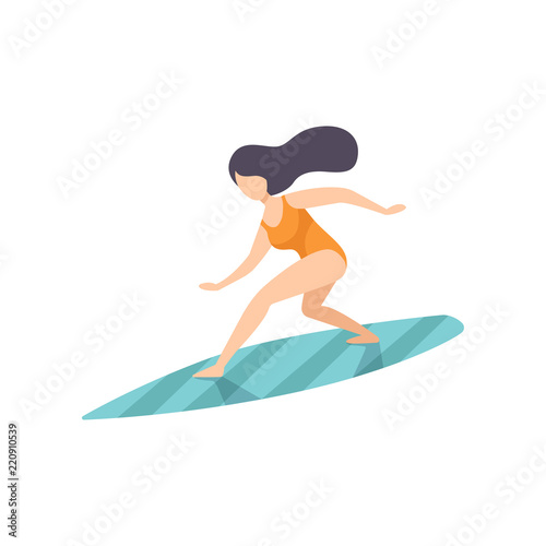 Surfer girl in swimsuit riding waves, young woman enjoying summer vacation on the sea vector Illustration on a white background