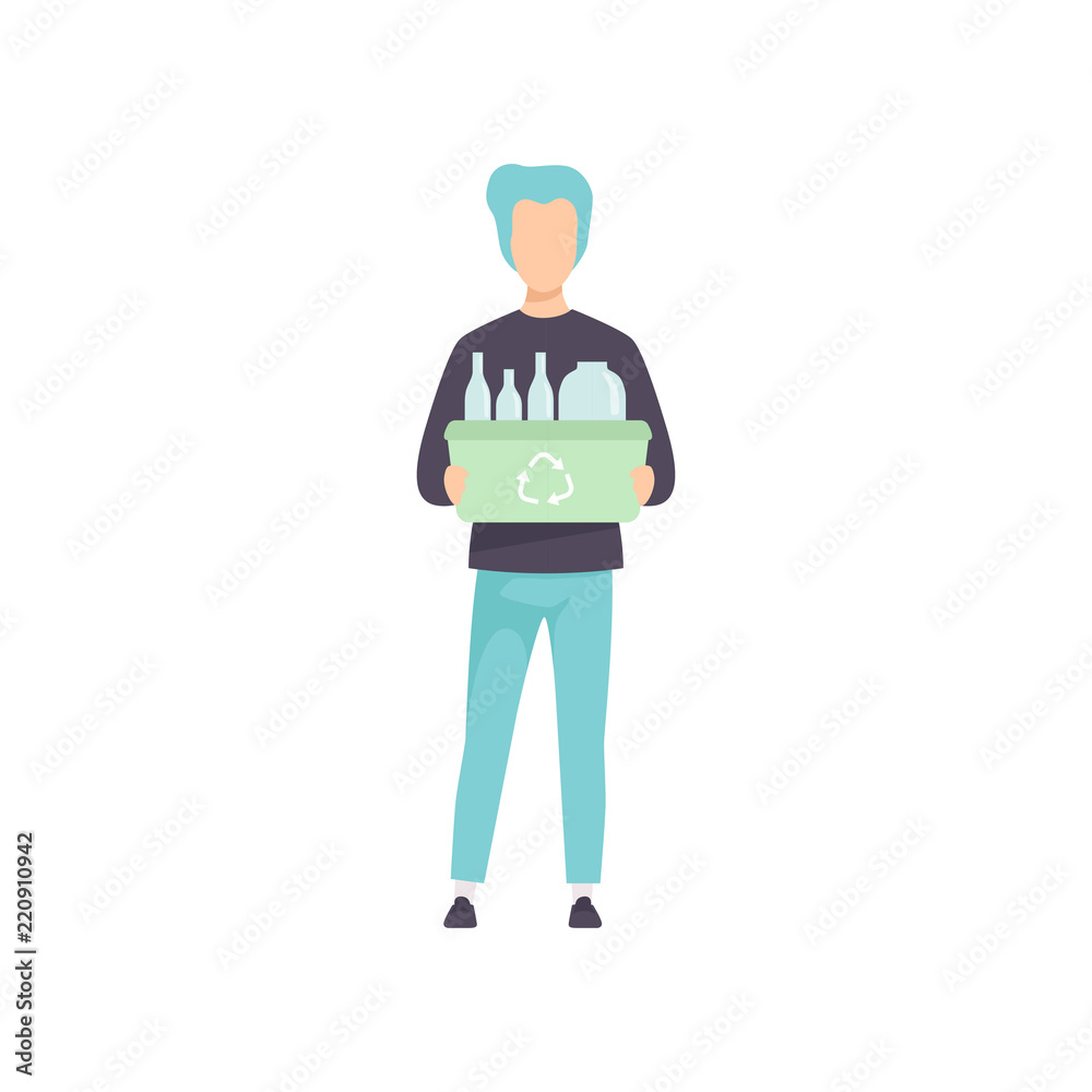 Young man holding container with glass jars and plastic bottles, people gathering, sorting garbage and plastic waste for recycling vector Illustration on a white background