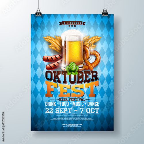 Oktoberfest party poster illustration with fresh lager beer, pretzel, sausage and wheat on blue and white Bavaria flag background. Vector celebration flyer template for traditional German beer