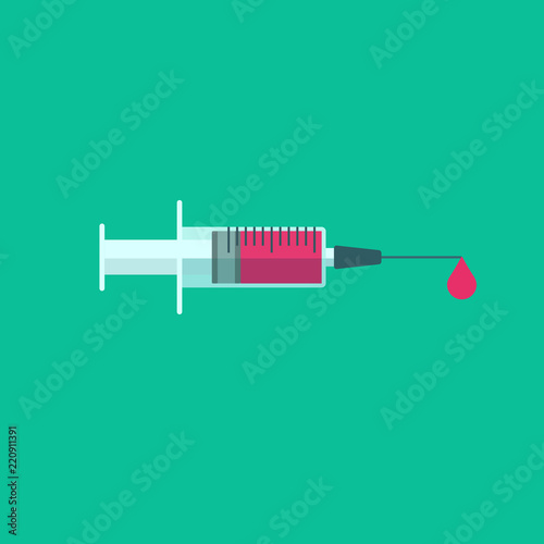 Syringe with blood or vaccine drop vector illustration, flat cartoon medical vaccine needle icon with full of vaccine, clinical injector or squirt isolated