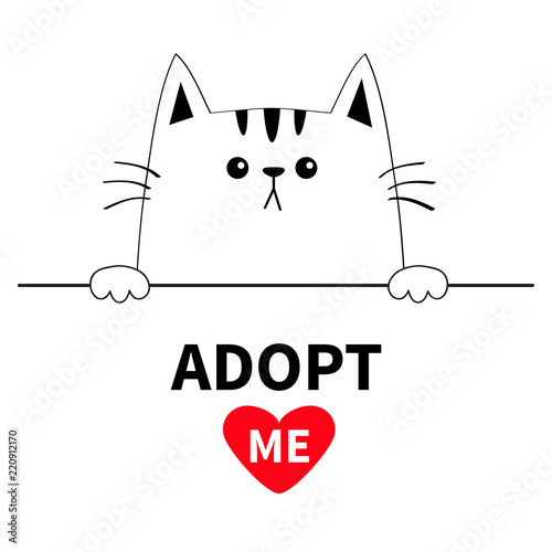 Cat head face head. Hands paw holding line. Adopt me. Help homeless animal Pet adoption. Red heart. Cute cartoon kitty character. Funny baby kitten. Flat design. White background