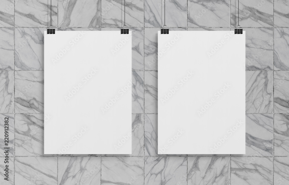 Two blank white poster hanging up with clips mockup Two blank white poster hanging up with clips mockup