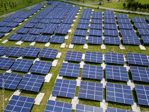 Drone fly over solar power stations plant