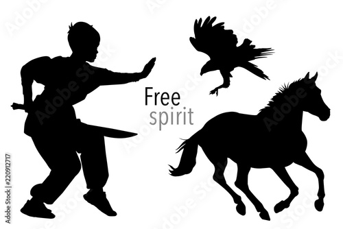Concept: freedom with Silhouettes of boy, horse and eagle 