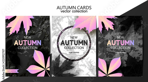 Trendy autumn background with leaves and marble texture. Sale banner template Fall seasonal poster or card. Card set .Vector illustration