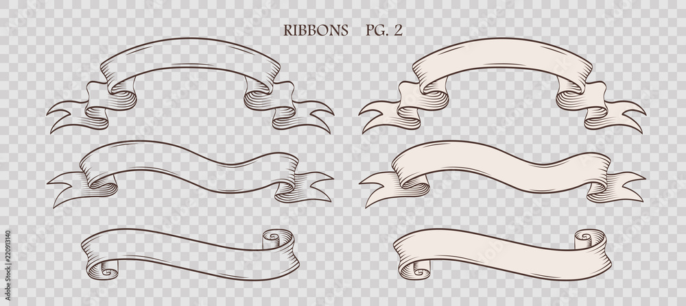 Set of vintage hand drawn ribbons on the sham transparent background. Collection of retro labels, banners and logo elements. Logotype design. Vector illustration.