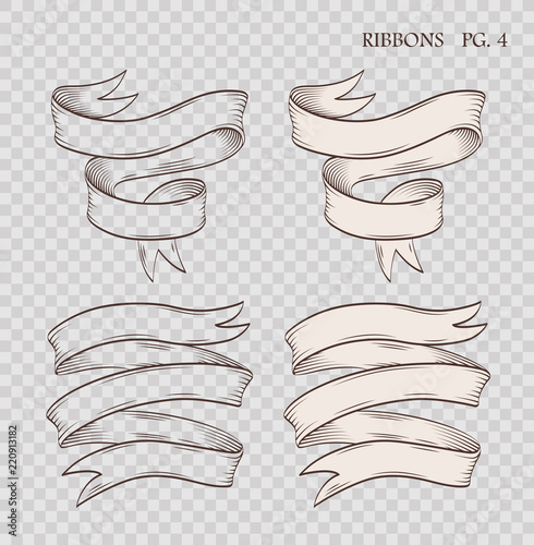 Set of vintage hand drawn ribbons on the sham transparent background. Collection of retro labels, banners and logo elements. Logotype design. Vector illustration.