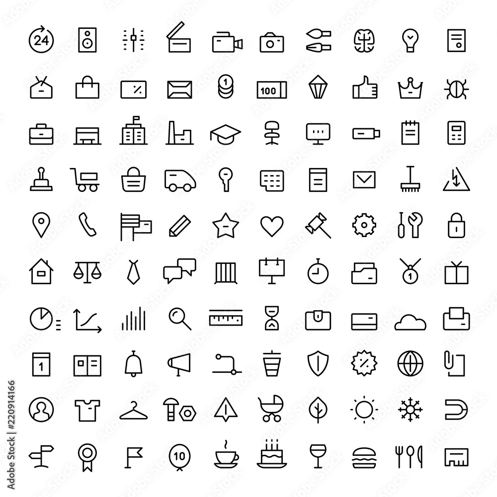 100 icons for web services. Linear. Black on white. 100 icons for web services. Linear. Black on white.