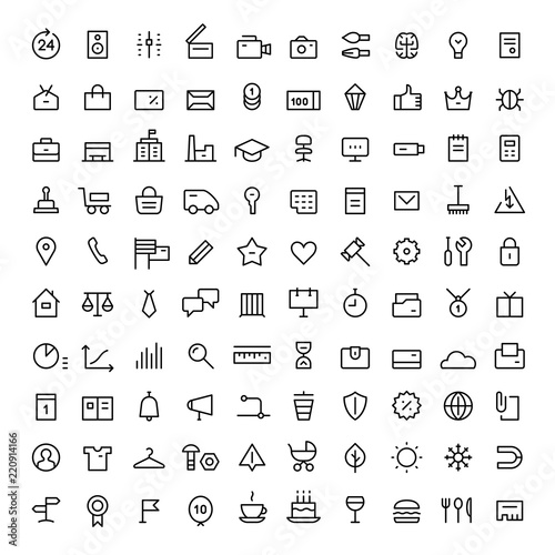 100 icons for web services. Linear. Black on white.