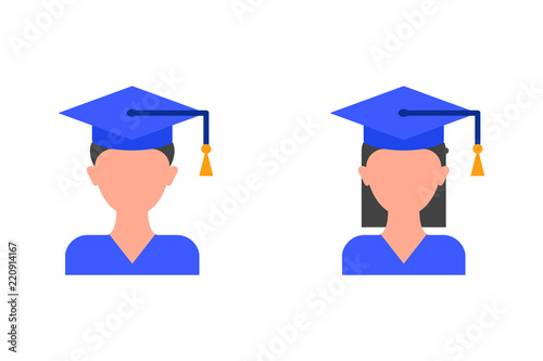 Graduates male and female character icons flat style