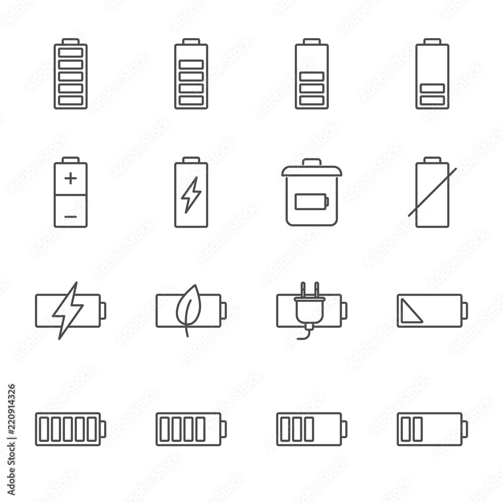 Battery vector icons set outline style