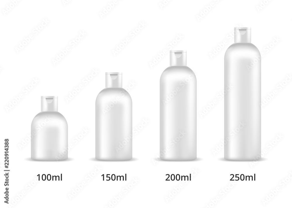 Cosmetic bottles 100ml, 150ml, 200ml, 250ml. Mock up, cosmetic package Cosmetic bottles 100ml, 150ml, 200ml, 250ml. Mock up, cosmetic package