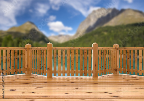 3D render. View from red wood terrace, porch or balcony on lake and mountains.