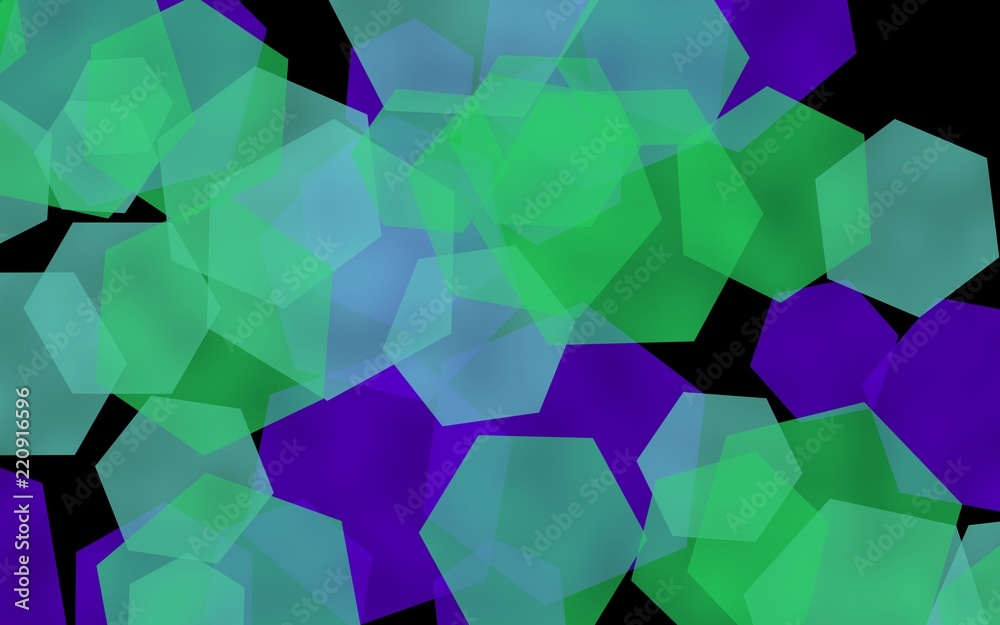 Multicolored translucent hexagons on dark background. Green tones. 3D illustration
