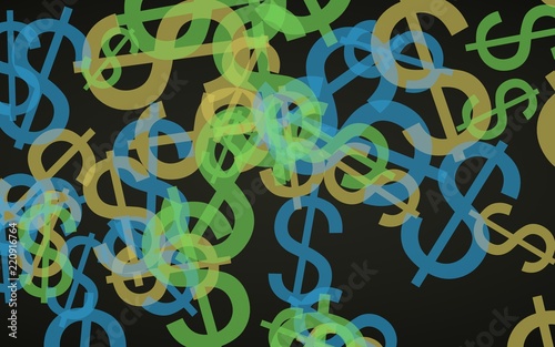 Multicolored translucent dollar signs on dark background. Green tones. 3D illustration