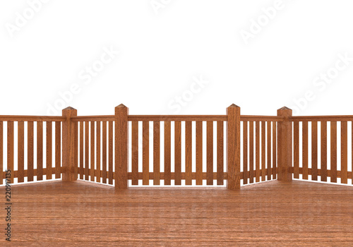 3D render. View from red wood terrace, porch or balcony. Isolated on white background
